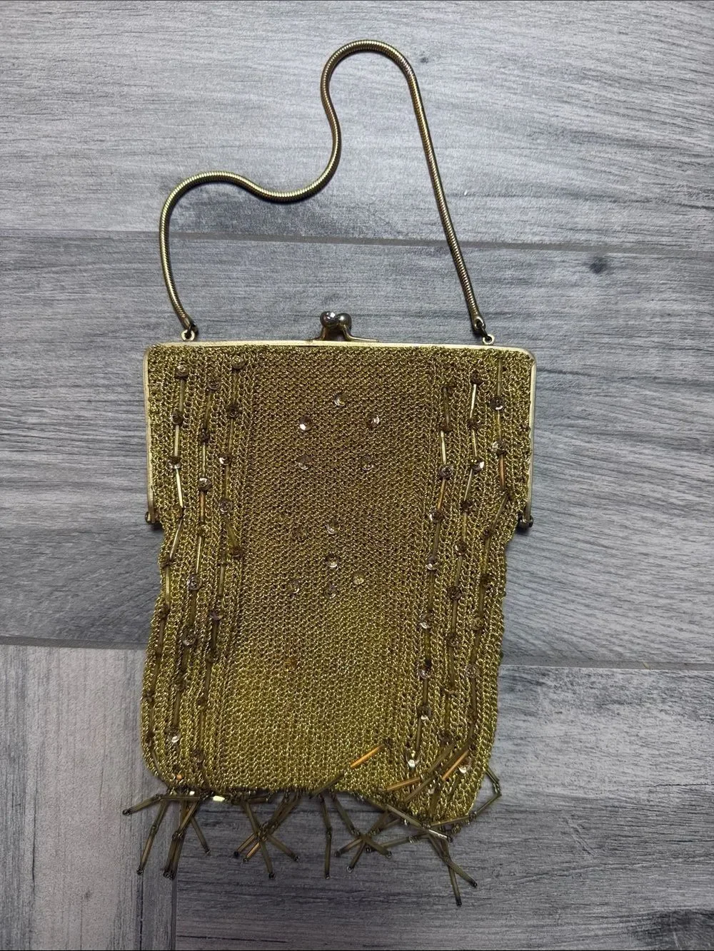 Vintage Gold Beaded Evening Bag with Fringe and Diamond Accented Snap Closure